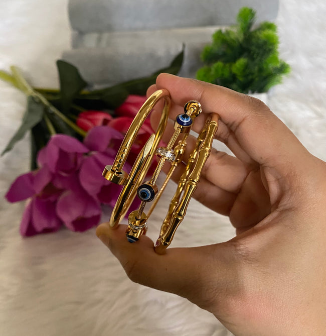 Nail, Bamboo & Evil Eye Bangle Stack — Anti-Tarnish 18K Gold Set of 3