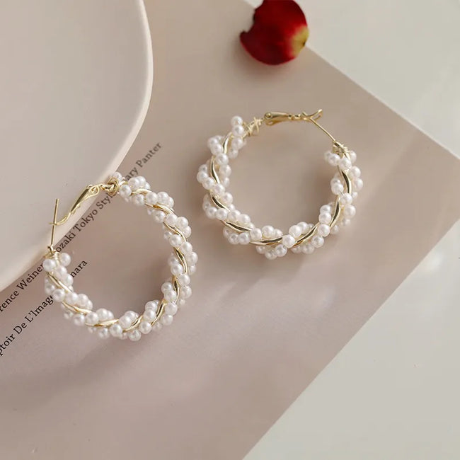 Pearl Braided Circle Hoop Earrings For Women