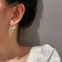 Pearl Inlaid Diamond Fringe Tassel Double Stud Earrings