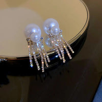 Pearl Inlaid Diamond Fringe Tassel Double Stud Earrings