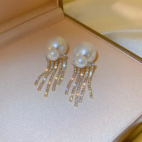 Pearl Inlaid Diamond Fringe Tassel Double Stud Earrings