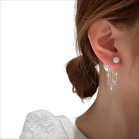 Pearl Inlaid Diamond Fringe Tassel Double Stud Earrings