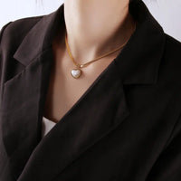 Stainless Steel Pearl Love Heart Pendant 18K Gold Plated Necklace