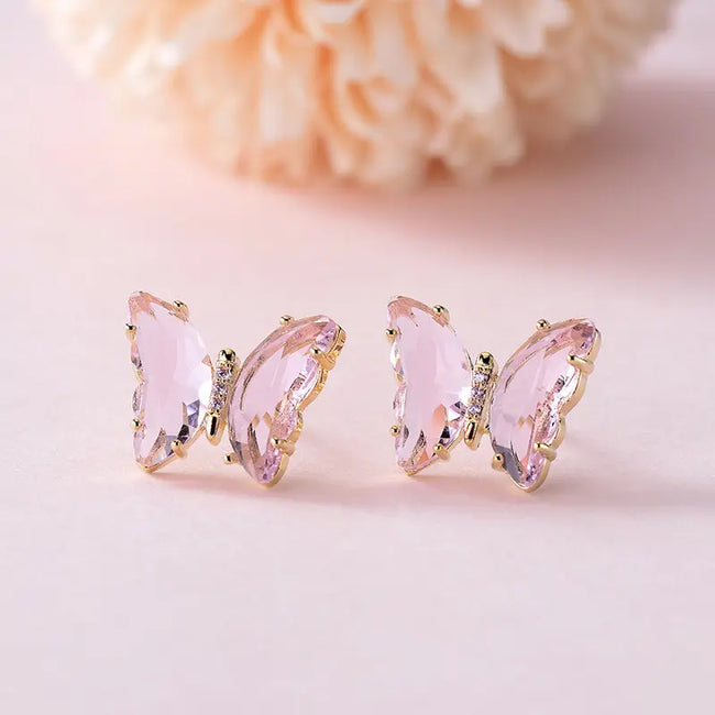 Pink Color Butterfly Style Inlaid Crystal Stud Earrings