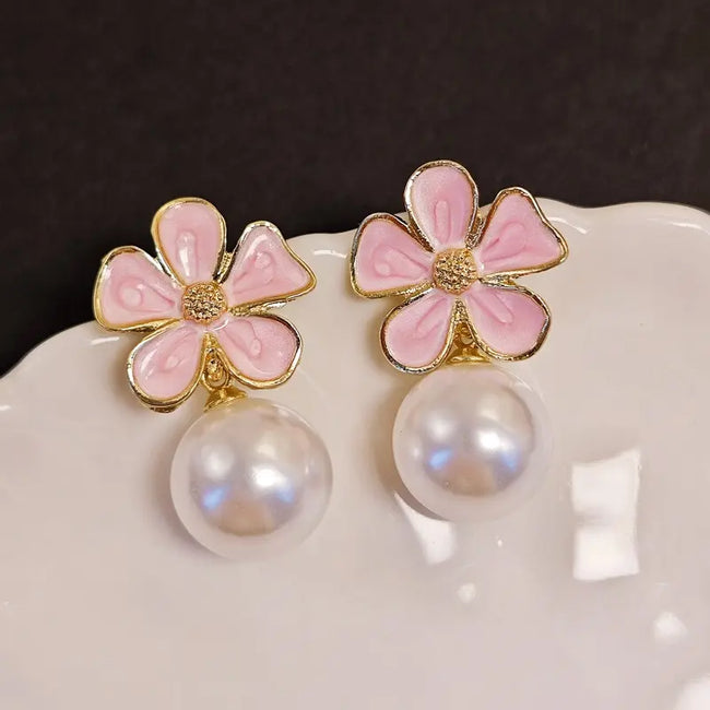 Pink Color Flower Pearl Drop Earrings