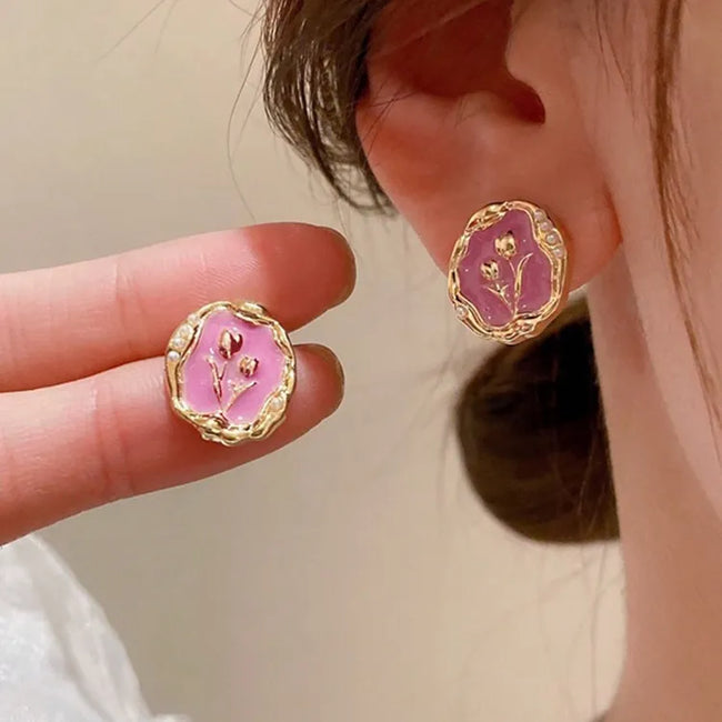 Pink Color Tulip Flower Enamel Stud Earring