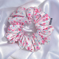 Pink Flower Print Premium Quality Satin Scrunchie