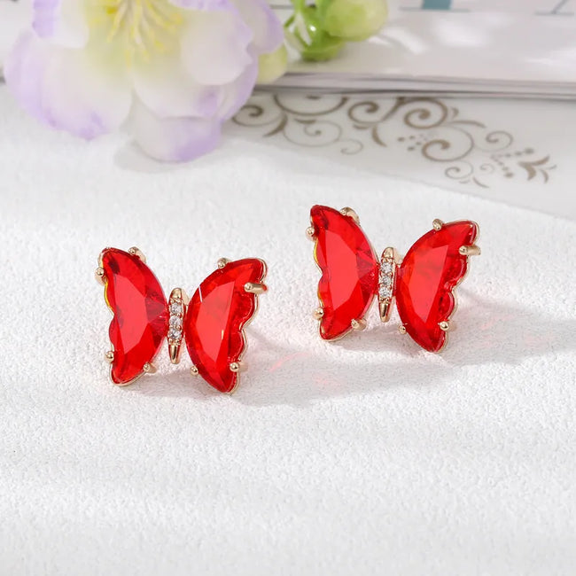 Red Color Butterfly Style Inlaid Crystal Stud Earrings