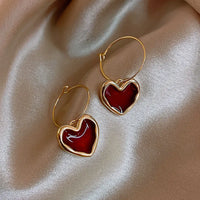 Red Enamel Big Love Heart Pendant Dangle Hoop Earrings