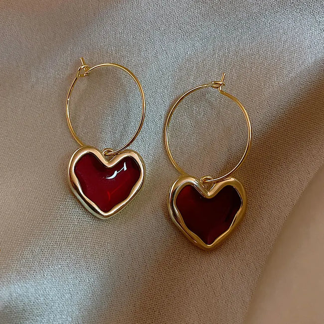 Red Enamel Big Love Heart Pendant Dangle Hoop Earrings