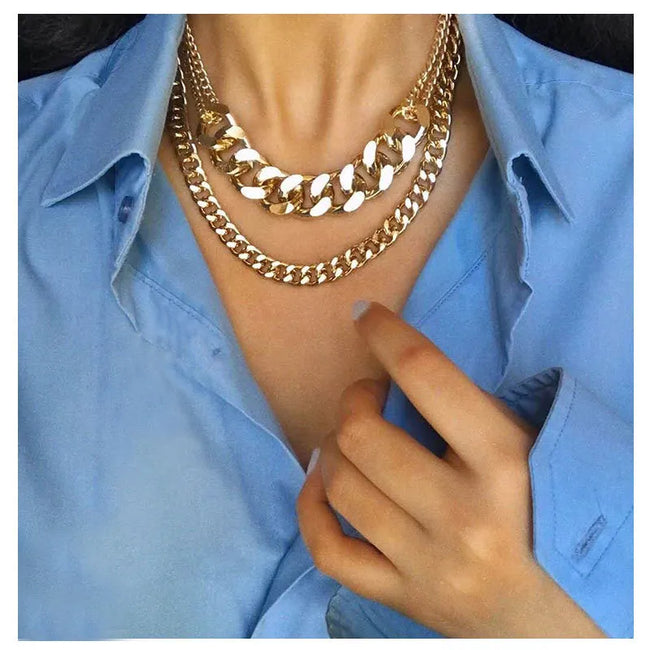 Retro Gold Plated Alloy Thick Chain Double Layer Necklace
