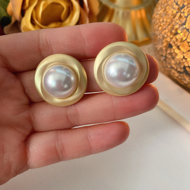 Round Gold Plated Pearl Big Statement Stud Earring For Women