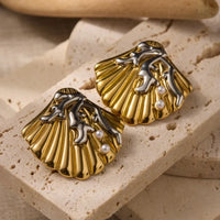 Dual-Tone 304 Stainless Steel 18K Gold Plated Shell Stud Earrings