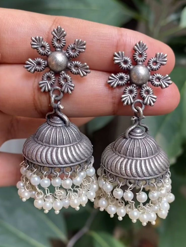Silver Look-alike Brass Designer Pearl Jhumka Earring