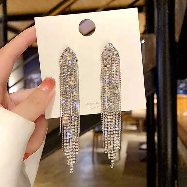 Silver Plated Glamorous Party Rhinestone Long Tassel Earrings