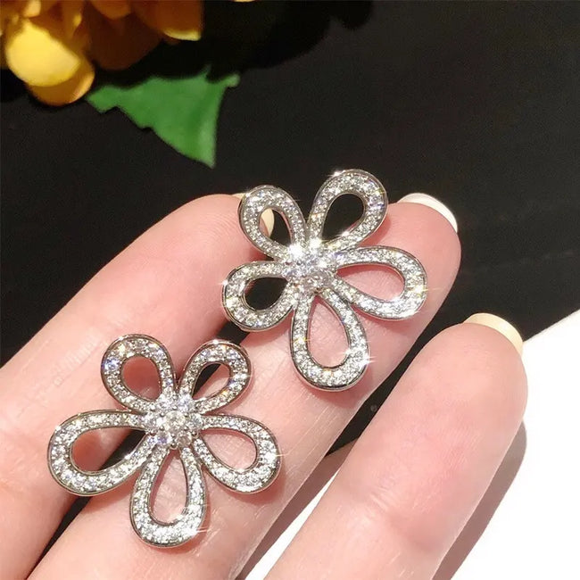 Silver Plated Rhinestone Sunflower Stud Earrings