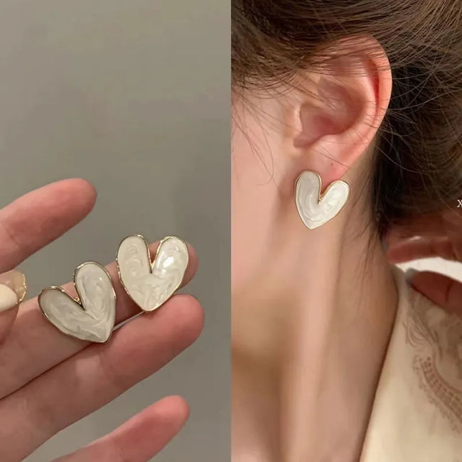 Simple Heart Shape White Enamel Stud Earring