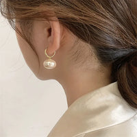 Simple Style Round Inlay Alloy Pearl Drop Hoop Earrings