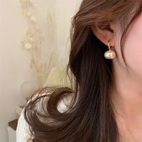 Simple Style Round Inlay Alloy Pearl Drop Hoop Earrings
