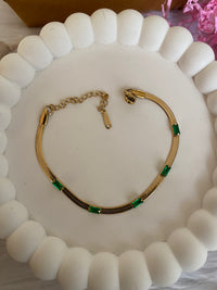 Gold Plated Stainless Steel  Snake Chain Green Emerald Studded Bracelet
