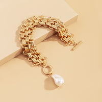 Thick Chain Gold Plated Alloy Pearl Bracelet