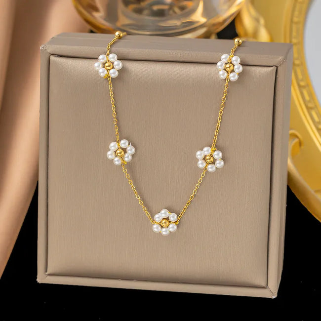 Titanium Steel Floral Pearl Necklace – Gold Plated