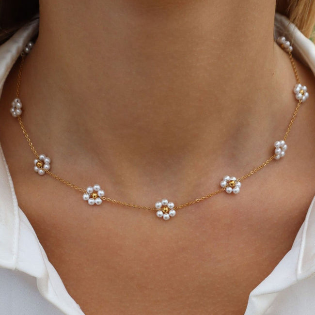 Titanium Steel Floral Pearl Necklace – Gold Plated