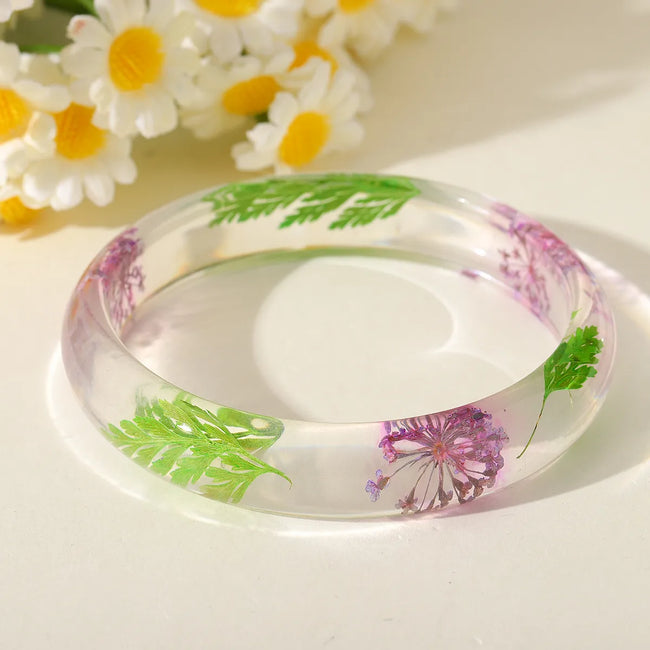 Transparent Resin Bangle Bracelet with Green Leaves & Purple Flowers