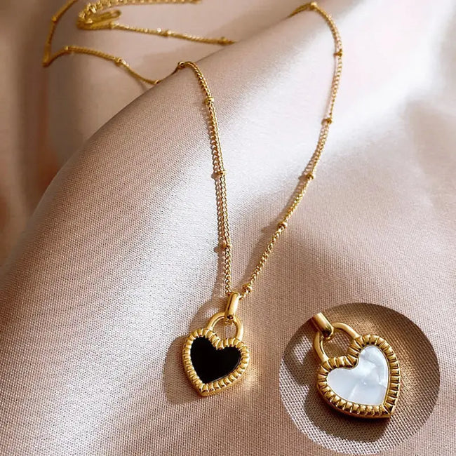 Two-Color Sided Heart Lock Pendant 18K Gold Plated Necklace