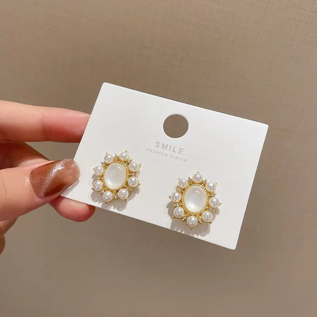 Vintage Korean Simple Circle Opal Pearl Flowers Studs Earrings