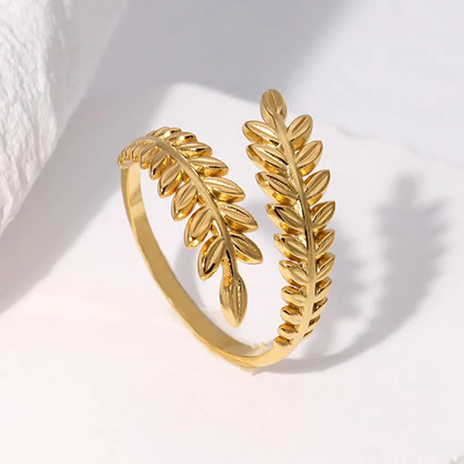 Vintage Leaf Style 18K Gold Plated Stainless Steel Anti-Tarnish Adjustable Opening Ring