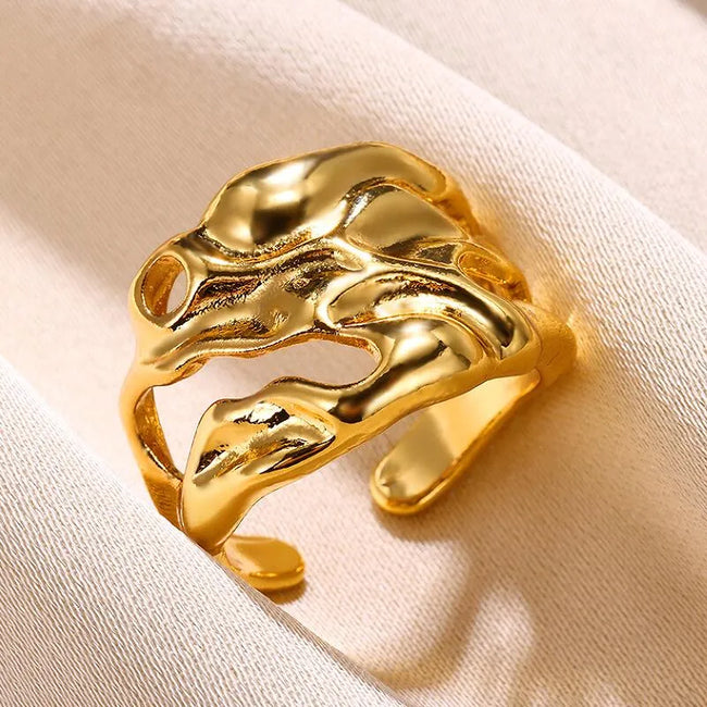 Vintage Style Exaggerated 18K Gold Plated Stainless Steel Anti-Tarnish Adjustable Opening Ring