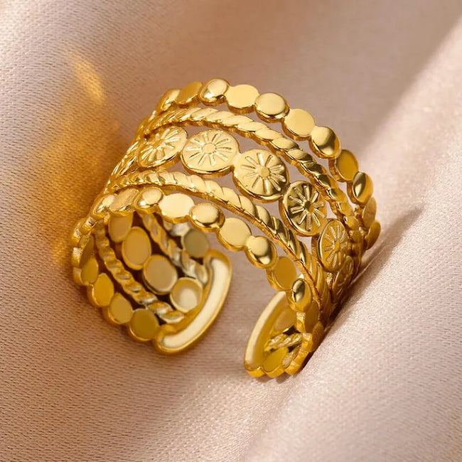Vintage Style Royal 18K Gold Plated Stainless Steel Anti-Tarnish Adjustable Opening Ring