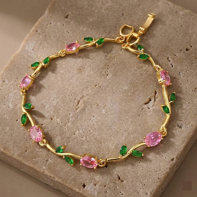 Viral Anti-Tarnish Tulip Bracelet (Pink & Green Stone)