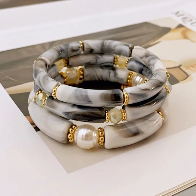 White Acrylic Multi-Layer Beaded Bracelet – Set of 3