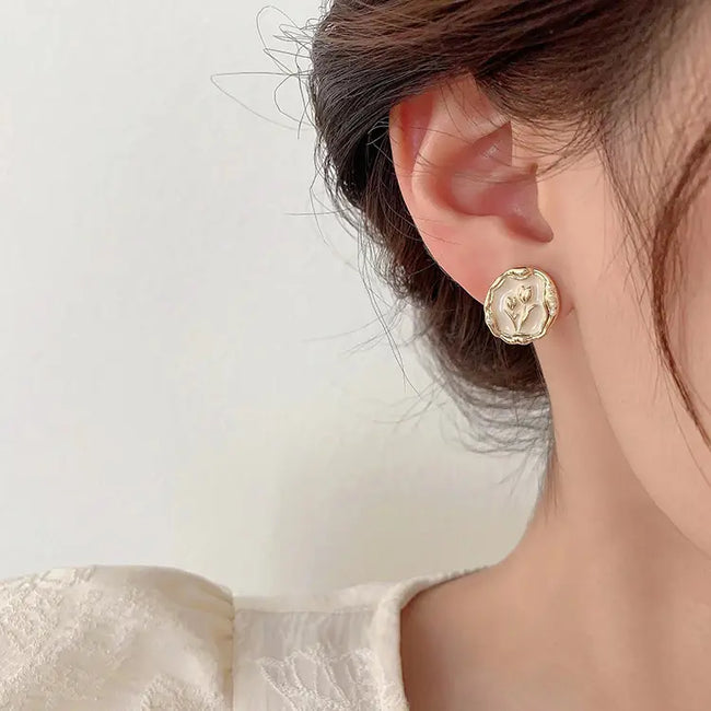 White Color Tulip Flower Enamel Stud Earring