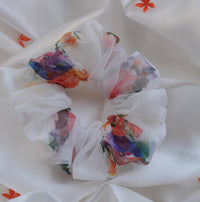 White Printed Organza Regular Size Hair Scrunchie - Soft & Romantic Accessory
