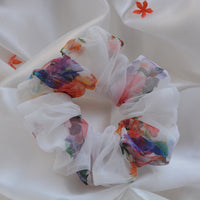 White Printed Organza Regular Size Hair Scrunchie - Soft & Romantic Accessory
