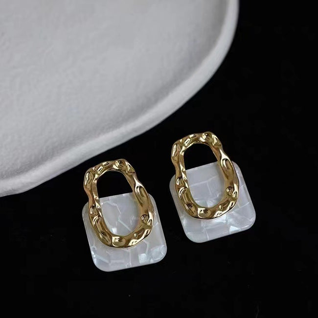 White Shell Square Hollow Irregular Metal Stud Earrings