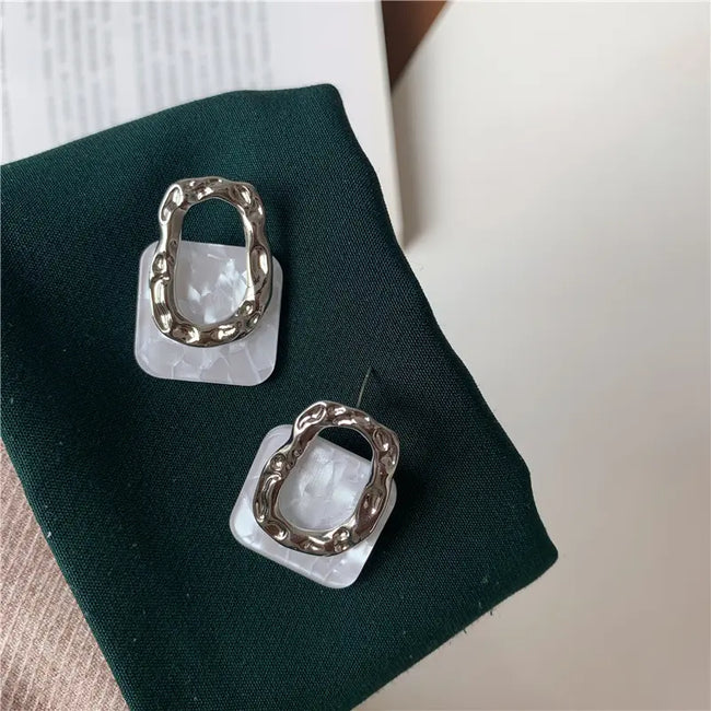 White Shell Square Hollow Irregular Silver Color Metal Stud Earrings