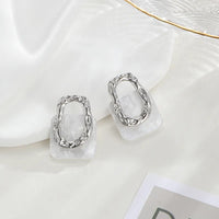 White Shell Square Hollow Irregular Silver Color Metal Stud Earrings