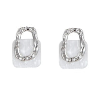 White Shell Square Hollow Irregular Silver Color Metal Stud Earrings