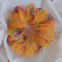 Yellow Printed Organza Regular Size Hair Scrunchie - Soft & Romantic Accessory