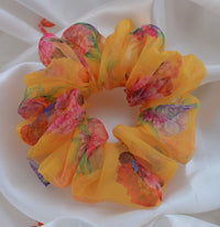 Yellow Printed Organza Regular Size Hair Scrunchie - Soft & Romantic Accessory