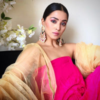 Sonam Kapoor Inspired Glamorous Rani Color Big Statement Chandbali Earring - Featuring Kundan Pearls & Meenakari Work by Aferando