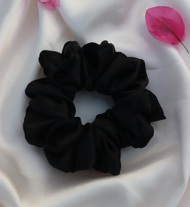 Aferando Black Satin Scrunchie Regular Fluffy  Size - Soft & Silky Hair Accessory