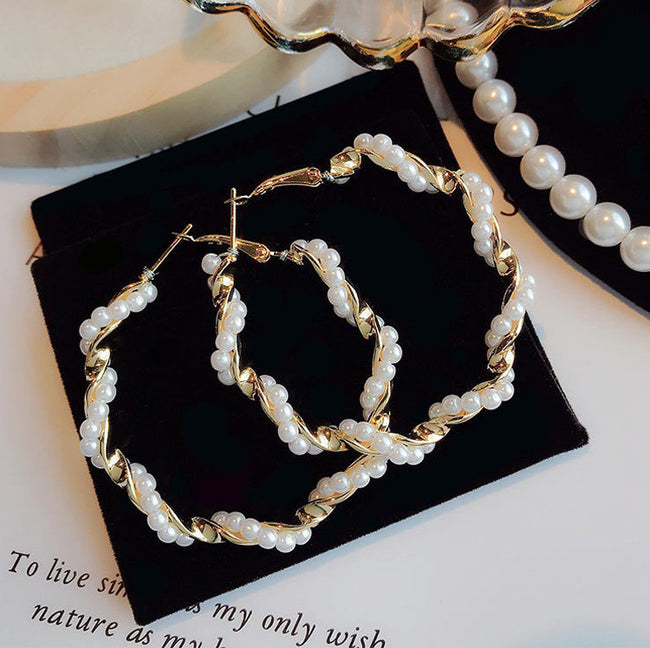 Aferando Boho Style White Pearl Round Circle Hoop Earrings Large Size For Women and Girls