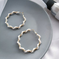Aferando Boho Style White Pearl Round Circle Hoop Earrings Large Size For Women and Girls