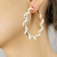 Aferando Boho Style White Pearl Round Circle Hoop Earrings Large Size For Women and Girls