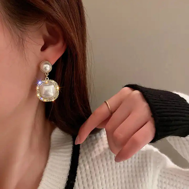 Aferando Diamond Square Pearl Drop Dangle Earrings for Women